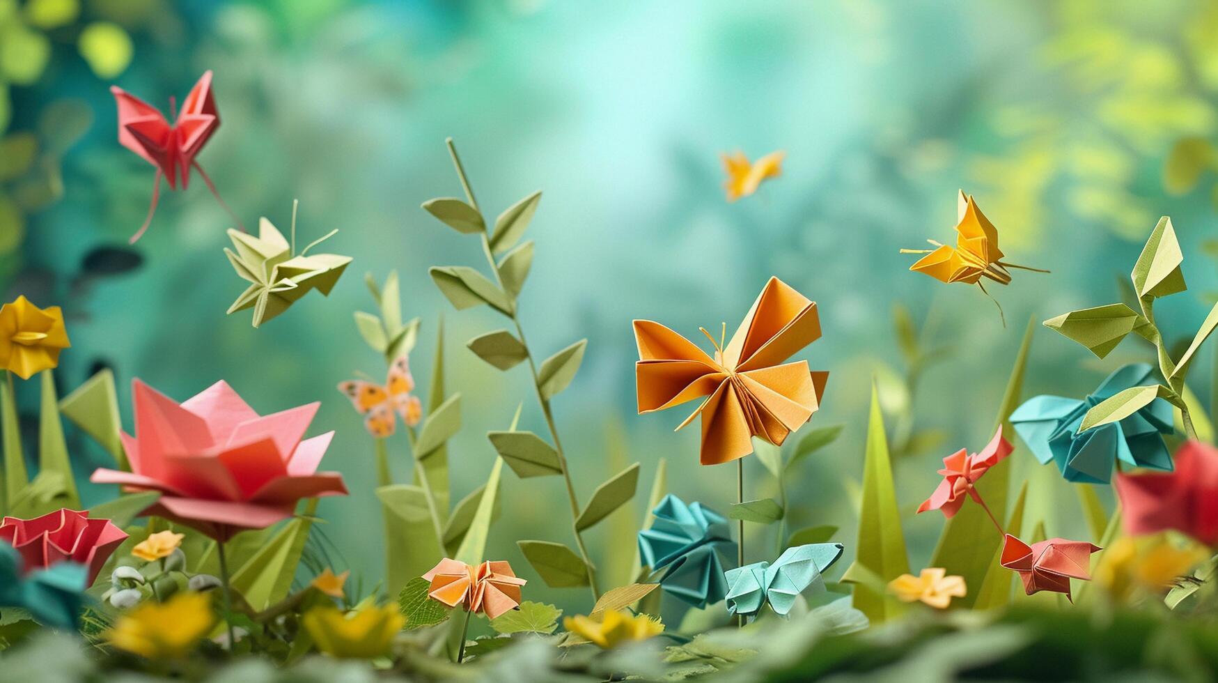 ai gegenereerd origami tuin, illustreren een betoverend tuin tafereel met origami bloemen, planten en vlinders, achtergrond afbeelding, generatief ai foto