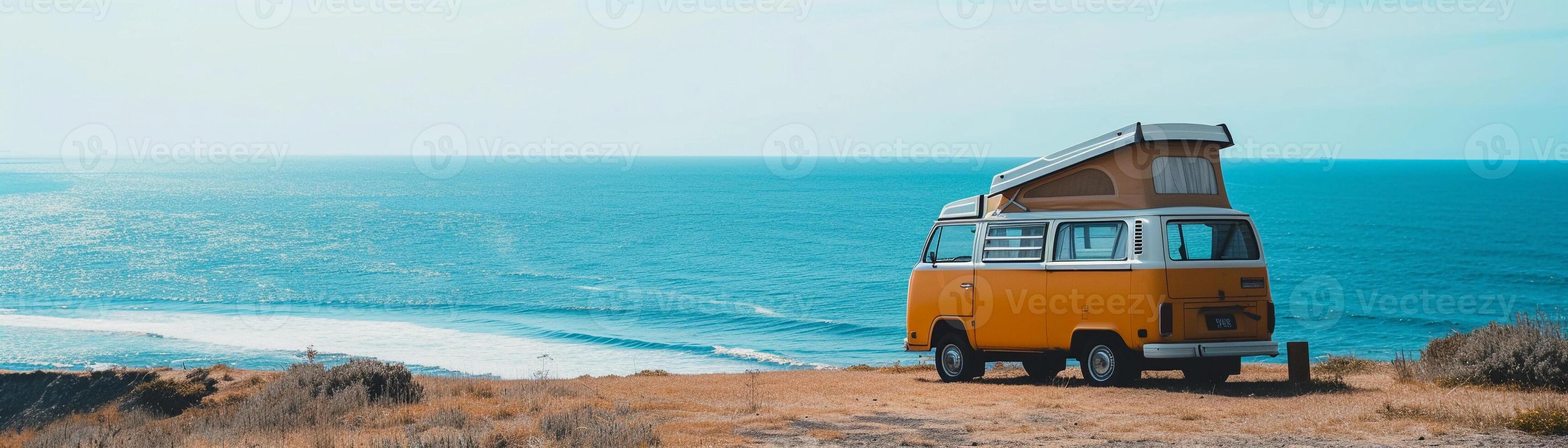 ai gegenereerd camper busje vrijheid, vastleggen een camper busje geparkeerd door de strand of in een toneel- plaats, achtergrond beeld generatief ai foto