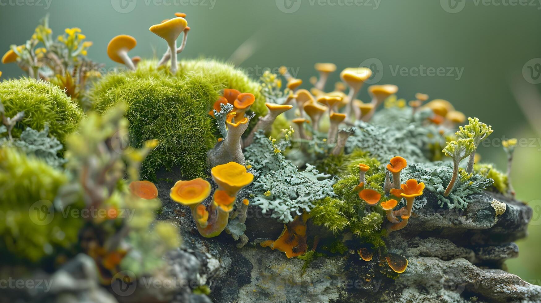ai gegenereerd miniatuur wereld van korstmos groeit Aan een steen, vastleggen de symbiotisch verhouding tussen schimmels en algen, generatief ai foto