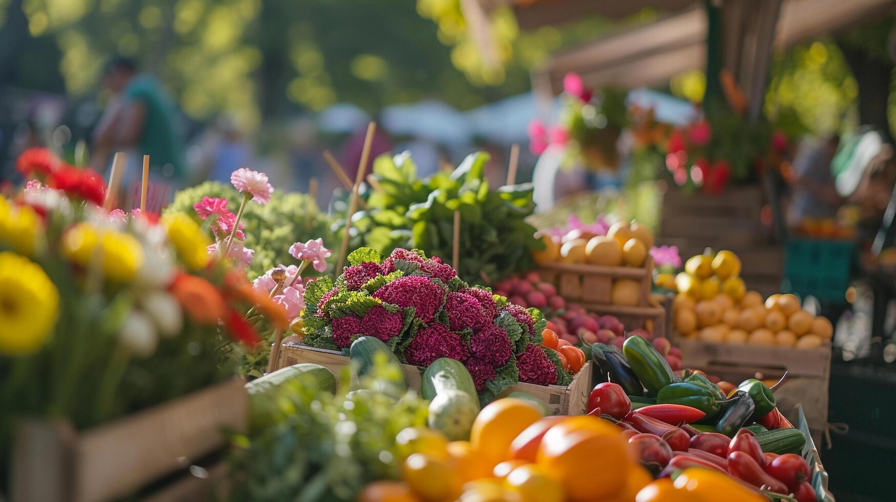 ai gegenereerd boeren markt premie, boeren markt tafereel met kraampjes boordevol met vers produceren en bloemen, achtergrond afbeelding, generatief ai foto