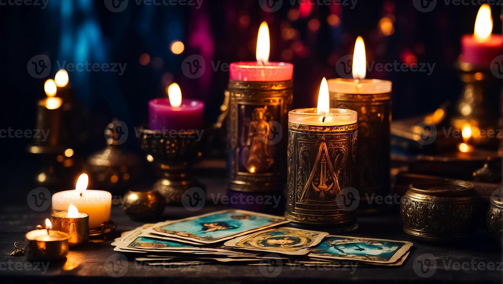 ai gegenereerd tarot kaarten, kaarsen achtergrond foto