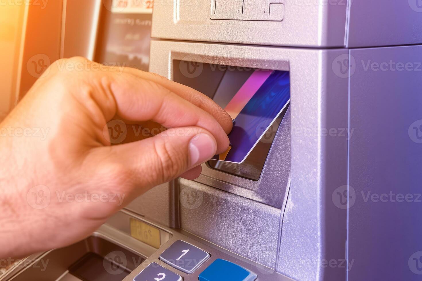 ai gegenereerd hand- invoegen Geldautomaat kaart in bank machine naar terugtrekken geld foto