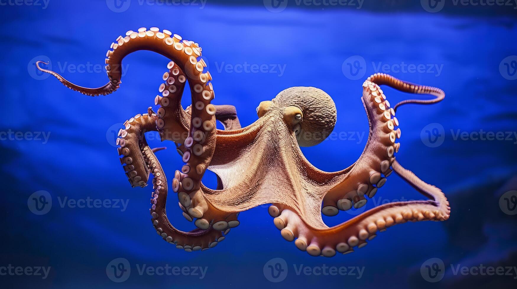 ai gegenereerd gemeenschappelijk Octopus in selectief focus, reeks tegen een rustgevend blauw achtergrond foto