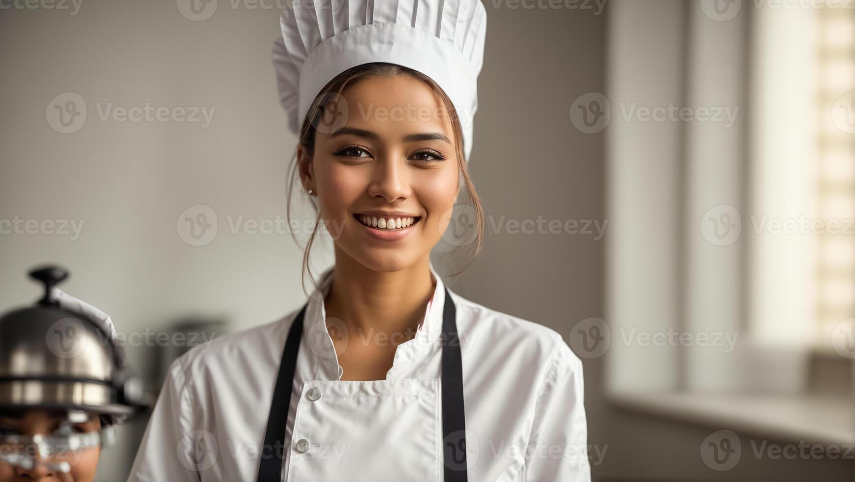 ai gegenereerd gelukkig vrouw koken in restaurant keuken foto