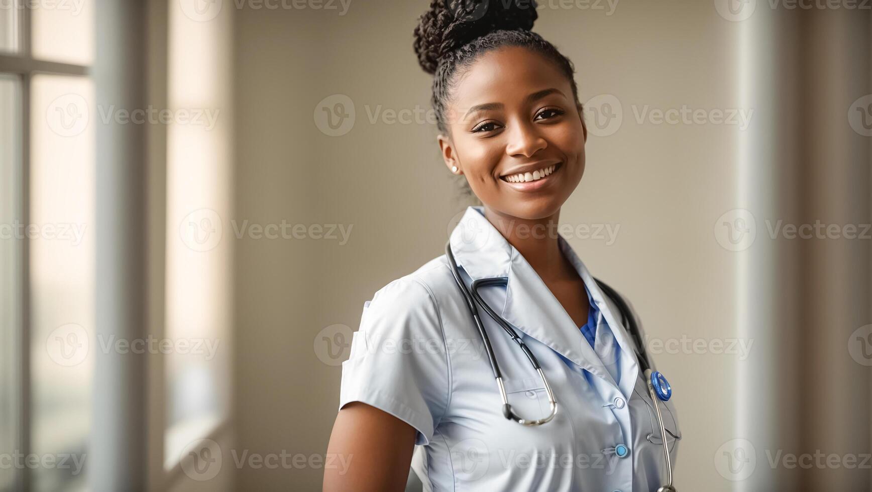 ai gegenereerd portret van een gelukkig Afrikaanse Amerikaans vrouw dokter in een meisje kliniek foto