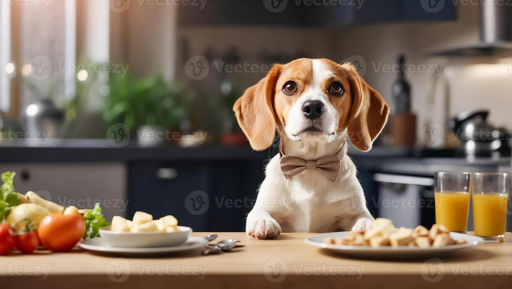 ai gegenereerd schattig hond zittend in de keuken Bij de tafel foto