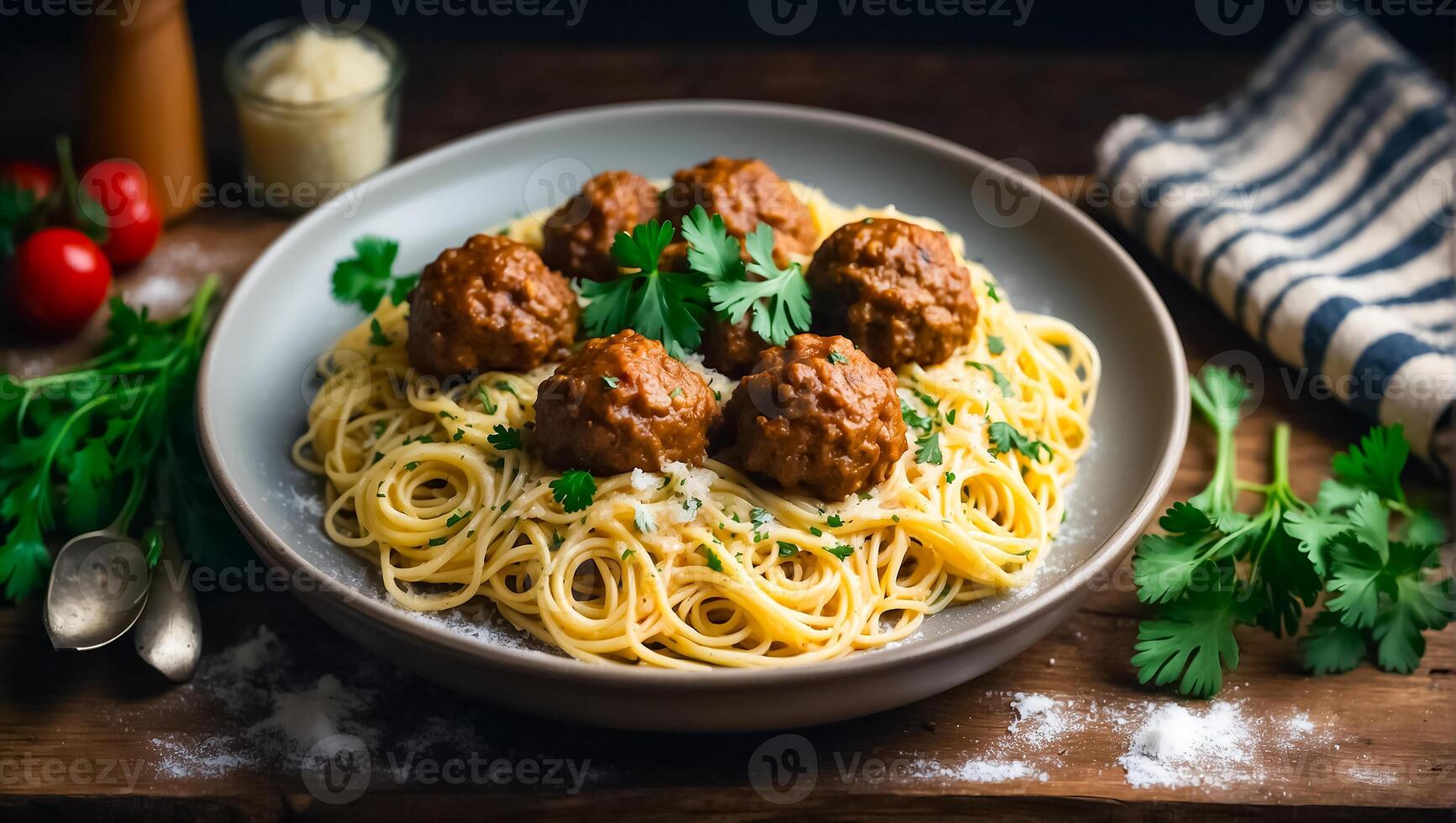 ai gegenereerd heerlijk smakelijk gehaktballen met spaghetti in de keuken foto