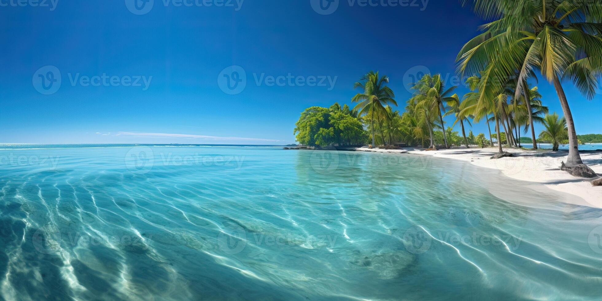 ai gegenereerd tropisch strand met Doorzichtig blauw water en palm bomen onder een helder lucht foto