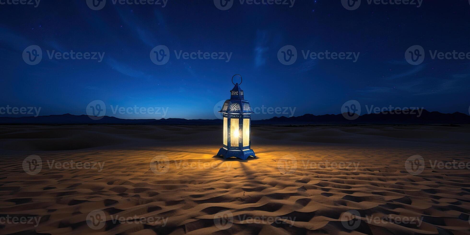 ai gegenereerd lantaarn in de Sahara woestijn Bij nacht foto