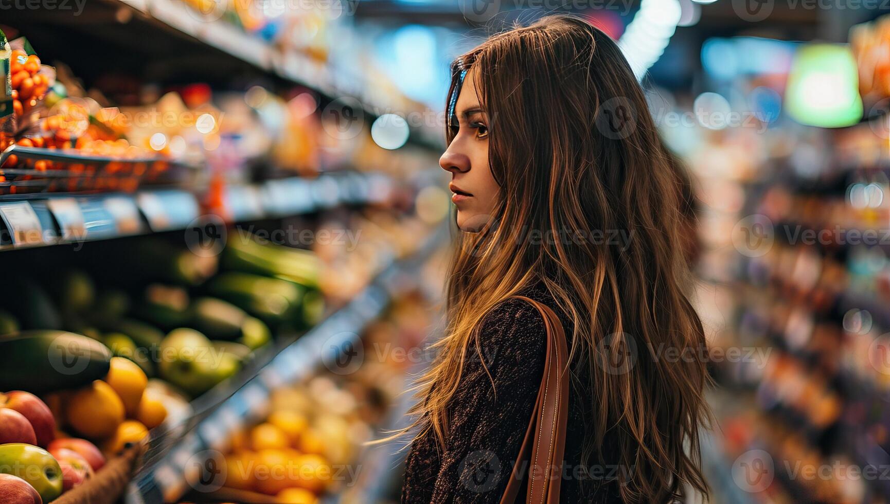 ai gegenereerd vrouw boodschappen doen voor vers produceren in een kruidenier op te slaan foto