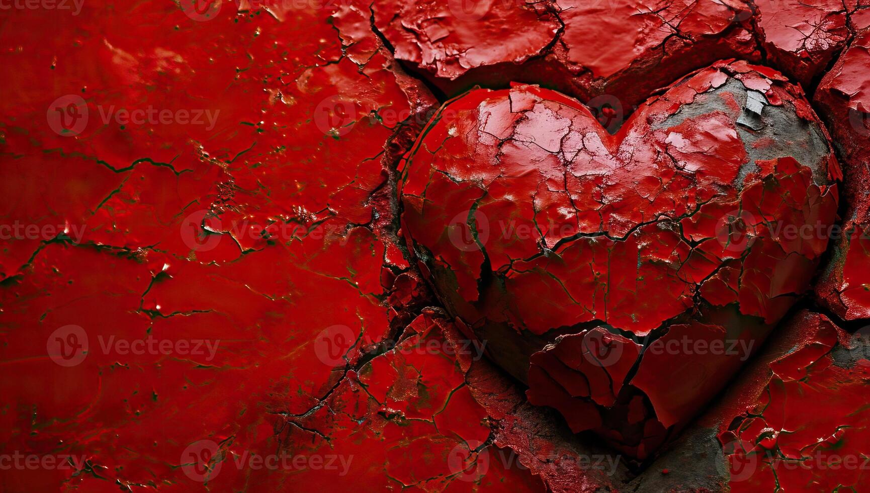 ai gegenereerd rood hart met gebarsten verf Aan een metaal oppervlak, grunge achtergrond foto