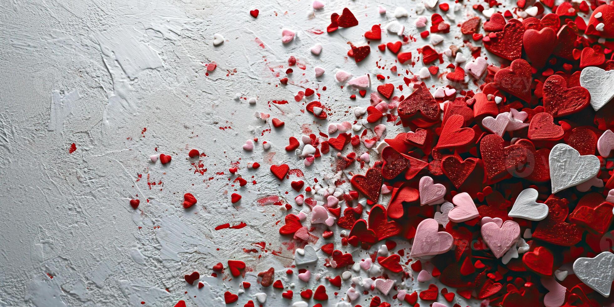 ai gegenereerd rood en wit harten confetti Aan wit achtergrond. valentijnsdag dag achtergrond foto