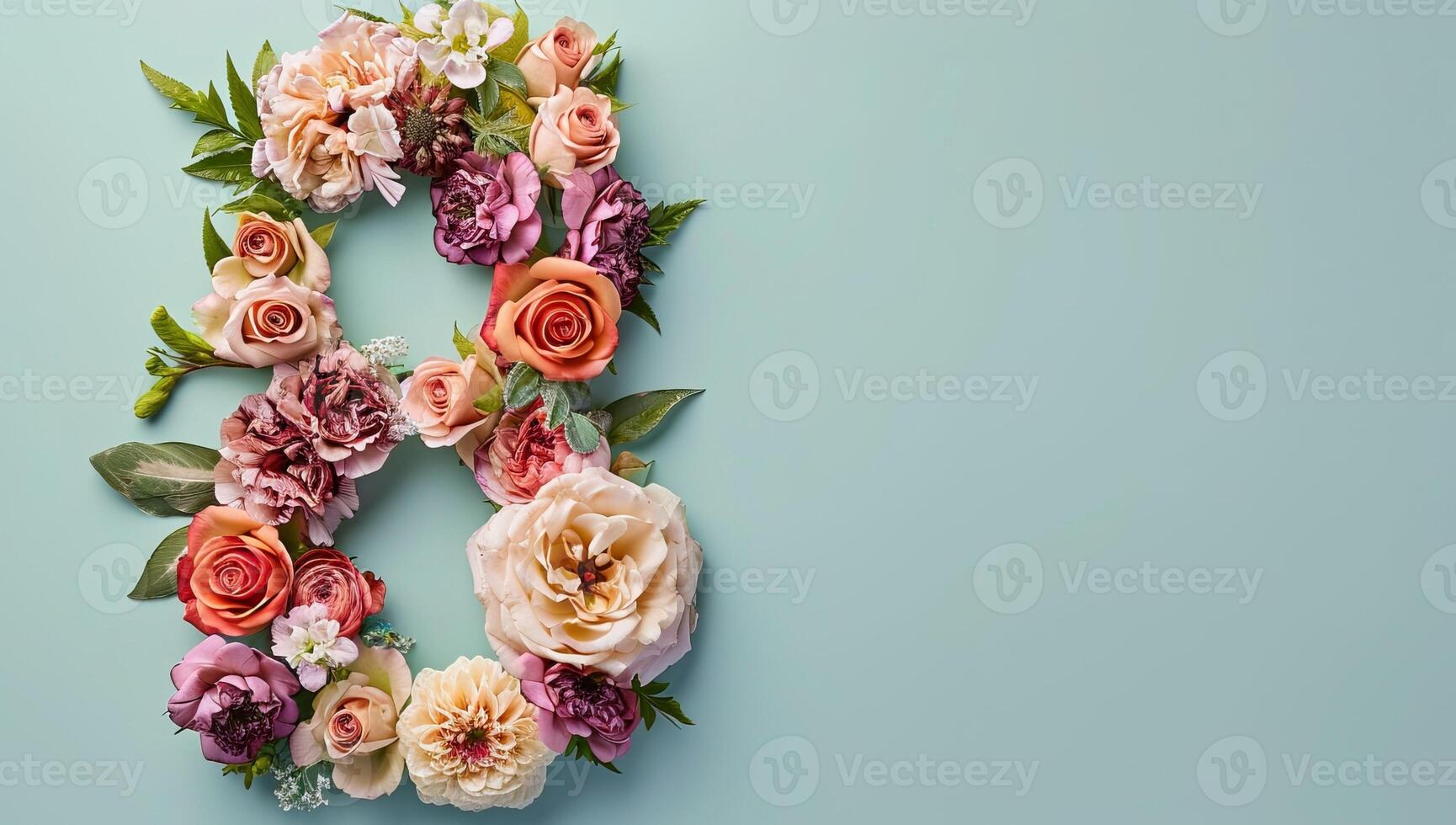 ai gegenereerd bloemen arrangement vormen aantal acht Aan turkoois achtergrond, vrouw dag concept foto