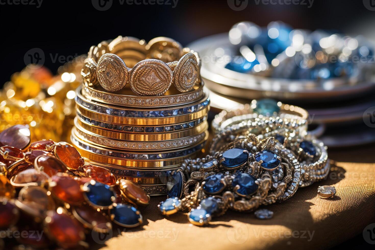 ai gegenereerd detailopname van veel gouden sieraden en accessoires met edelstenen Aan straat markt foto