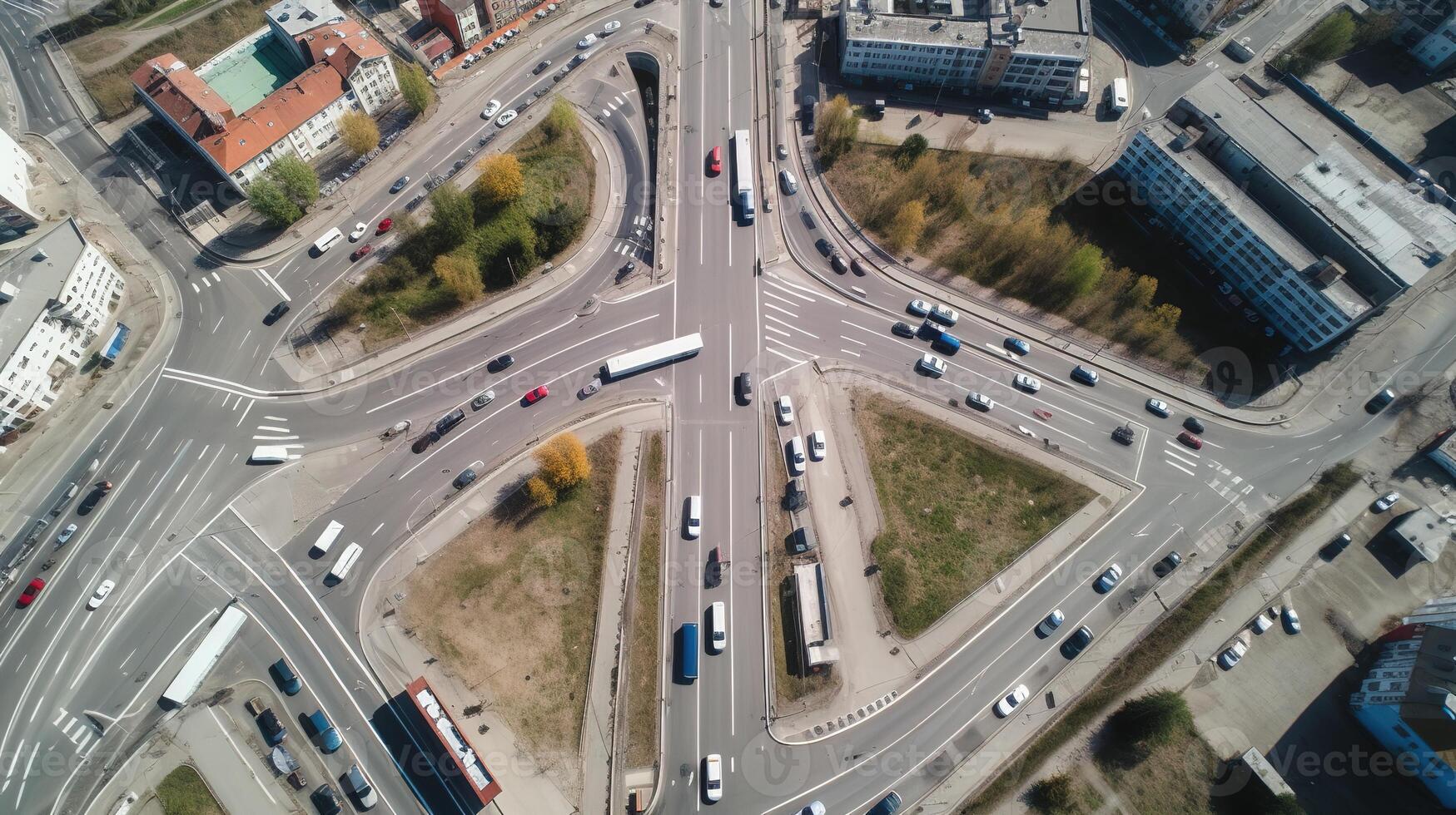 ai gegenereerd antenne visie van abstract weg knooppunt van stad wegen met auto's Aan het foto