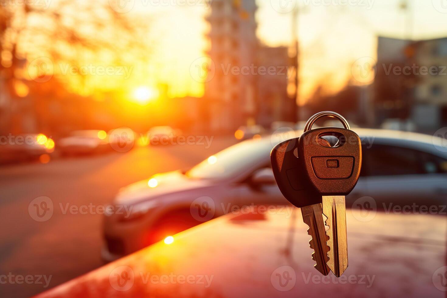 ai gegenereerd nieuw auto sleutels Aan wazig achtergrond van huis werf onder instelling zon stralen foto