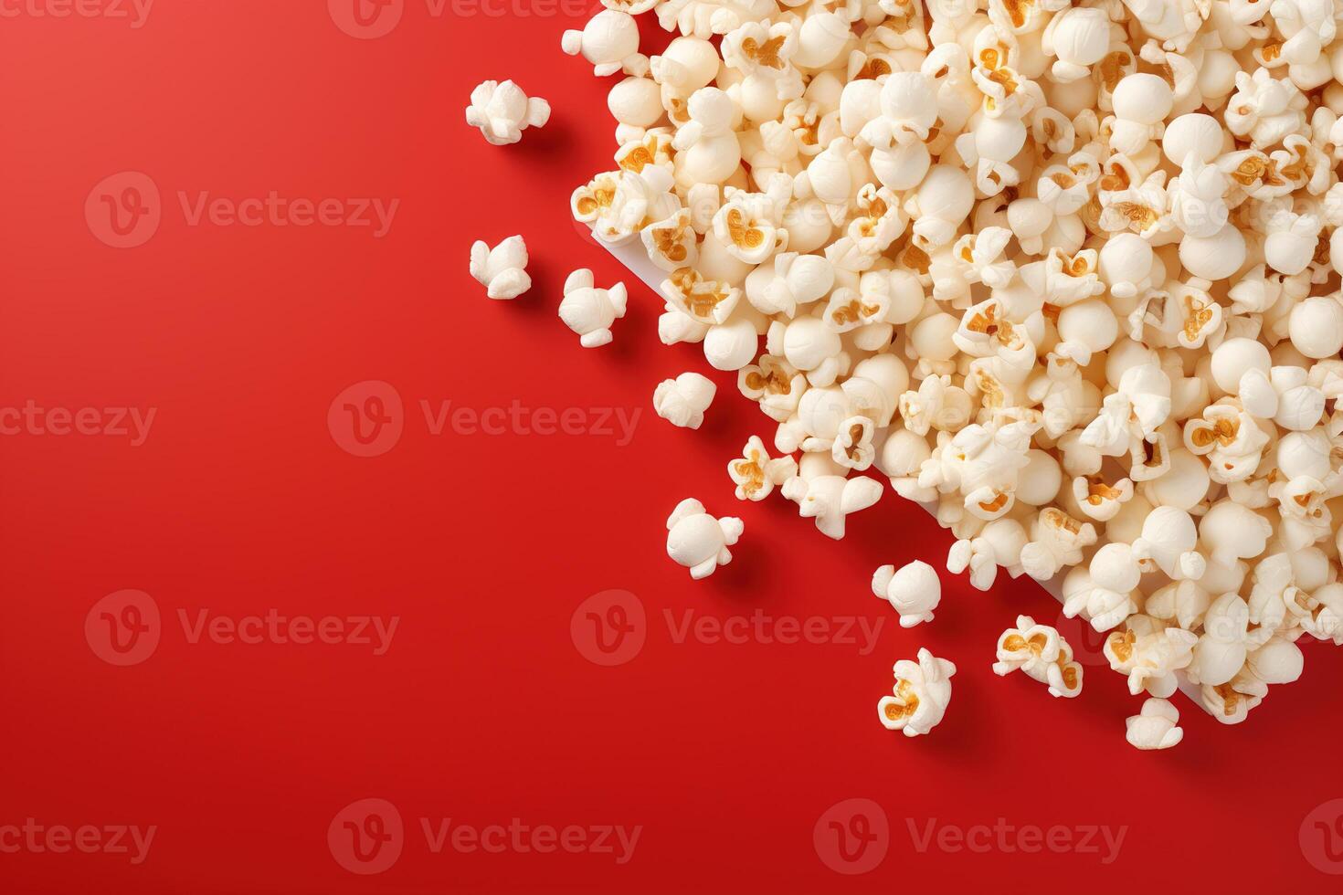 ai gegenereerd top visie popcorn Aan een helder rood achtergrond met kopiëren ruimte foto