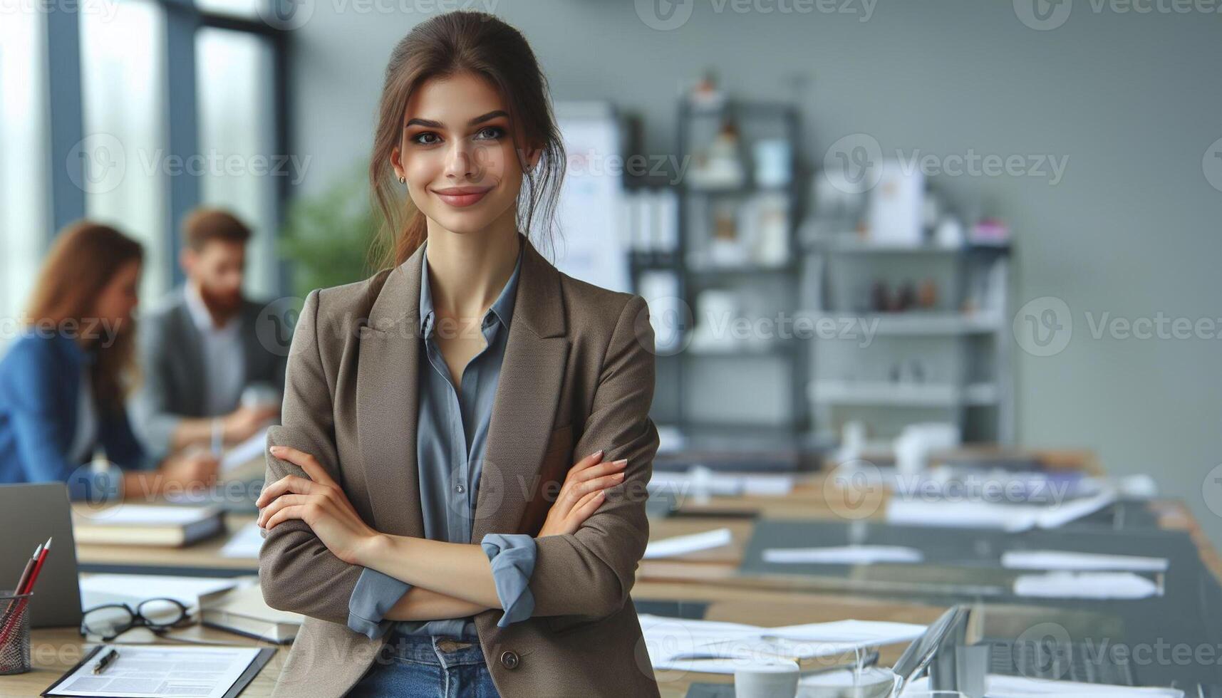 ai gegenereerd vrouw bedrijf leider staand in modern werkplaats en op zoek Bij camera werken vrouw vervelend een bruin pak foto