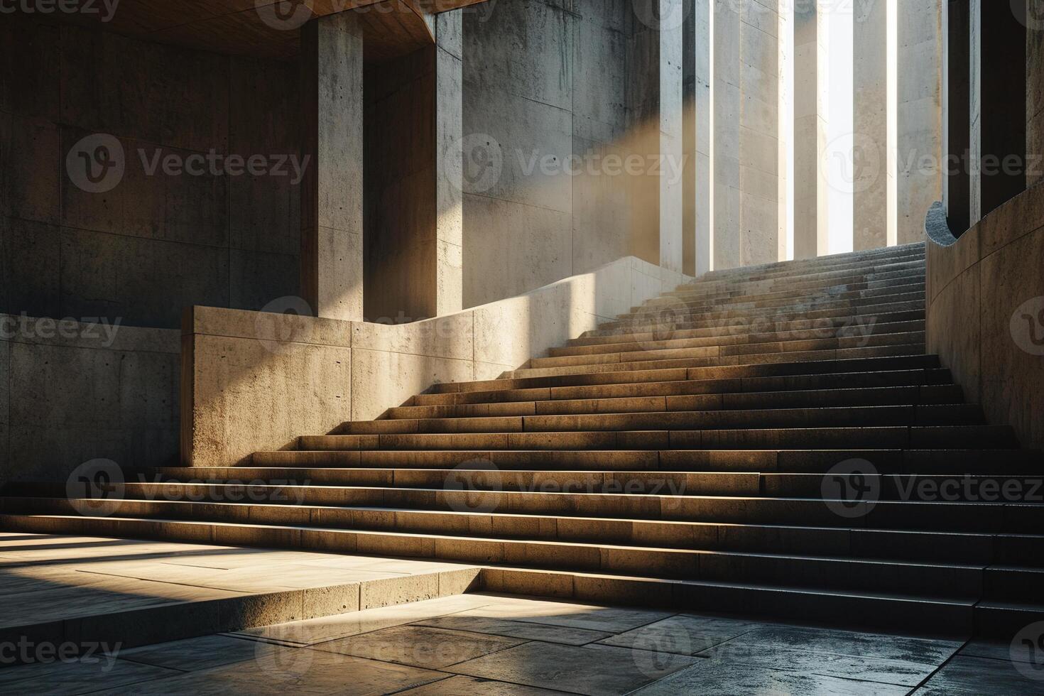 ai gegenereerd minimalistische ontwerp van beton trappenhuis verlichte door zonlicht van bovenstaand foto