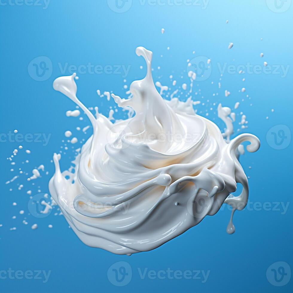 ai gegenereerd vallend wit room melk yoghurt plons vallend Aan een blauw achtergrond foto