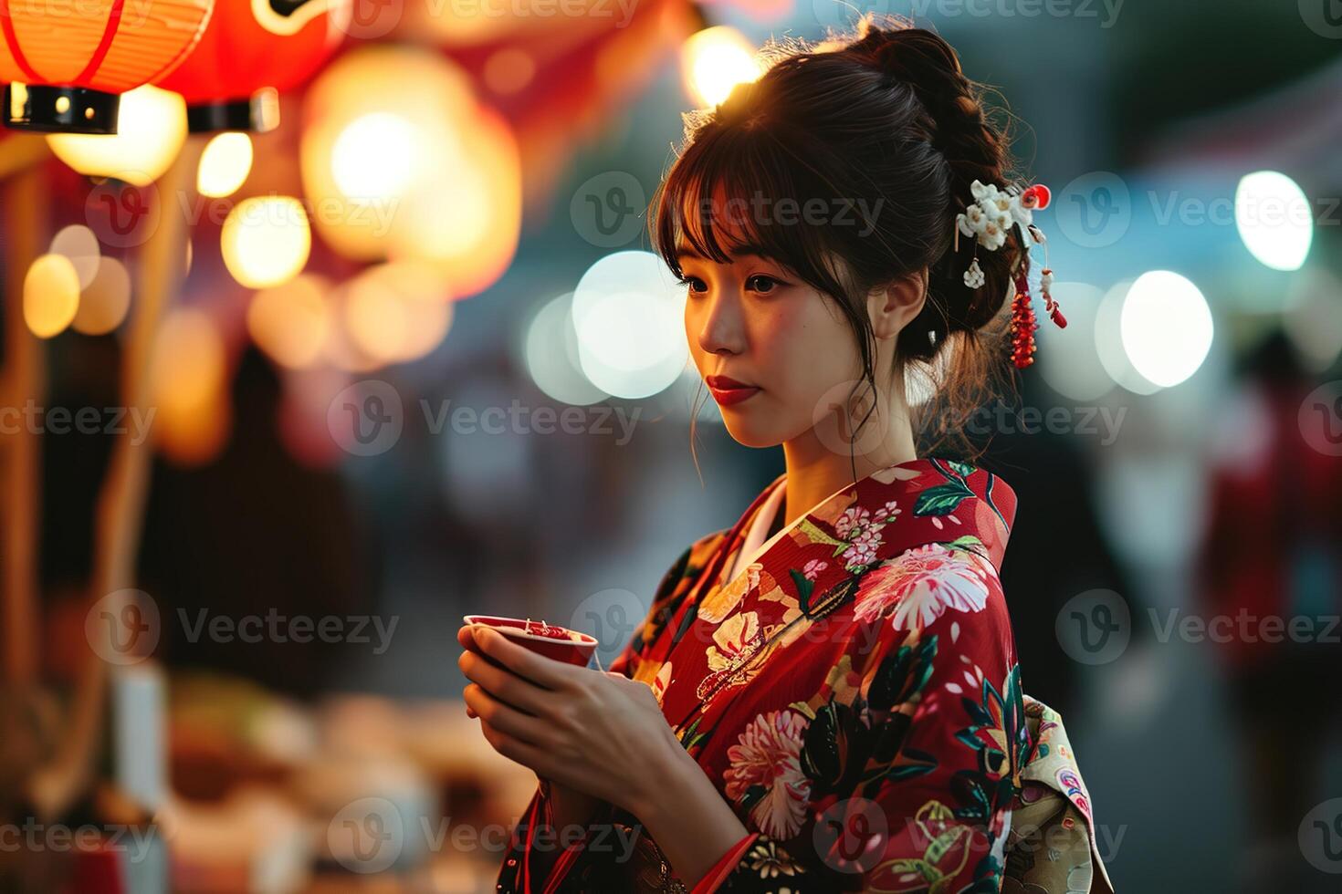 ai gegenereerd mooi Aziatisch jong vrouw in traditioneel kleren yukata Bij festival De volgende naar een straat voedsel staan foto