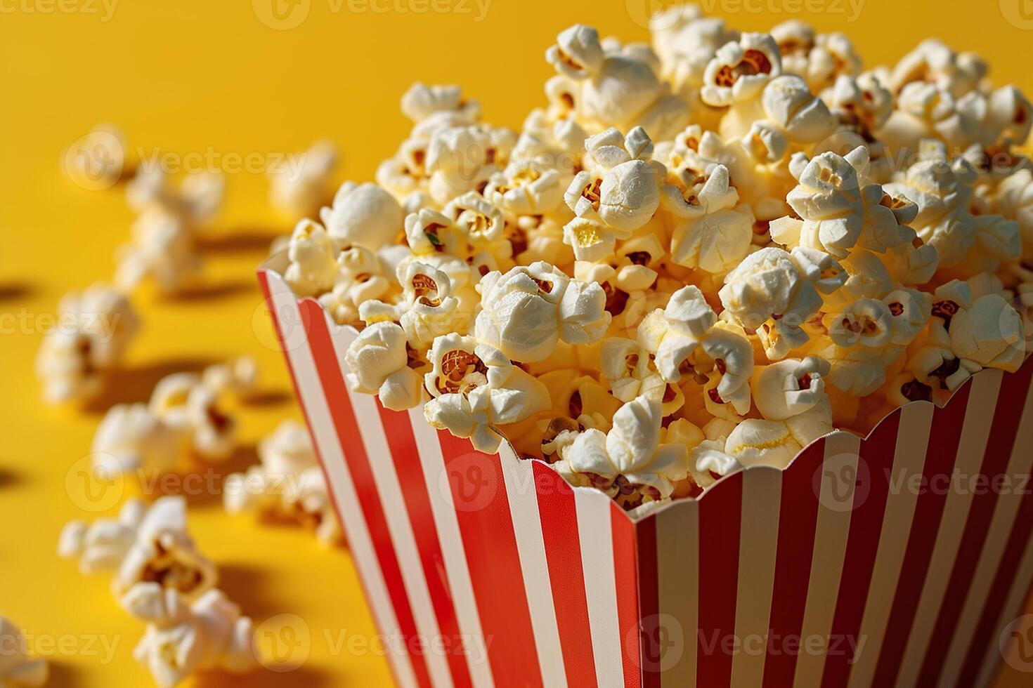 ai gegenereerd detailopname gestreept papier doos gevulde met smakelijk popcorn Aan een geel achtergrond foto