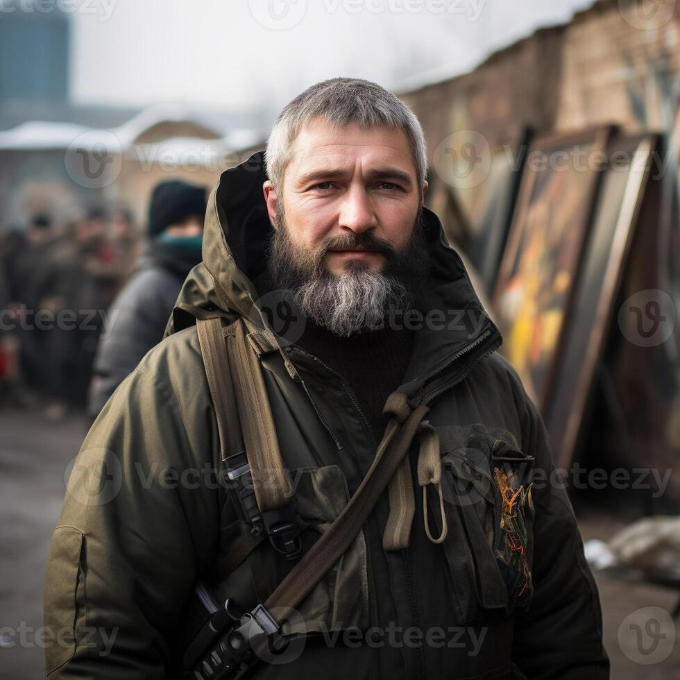ai gegenereerd portret van een vergrijzing jong Mens met een baard Aan een wazig straat achtergrond. een Europese Mens in een warm jasje looks Bij de camera. foto