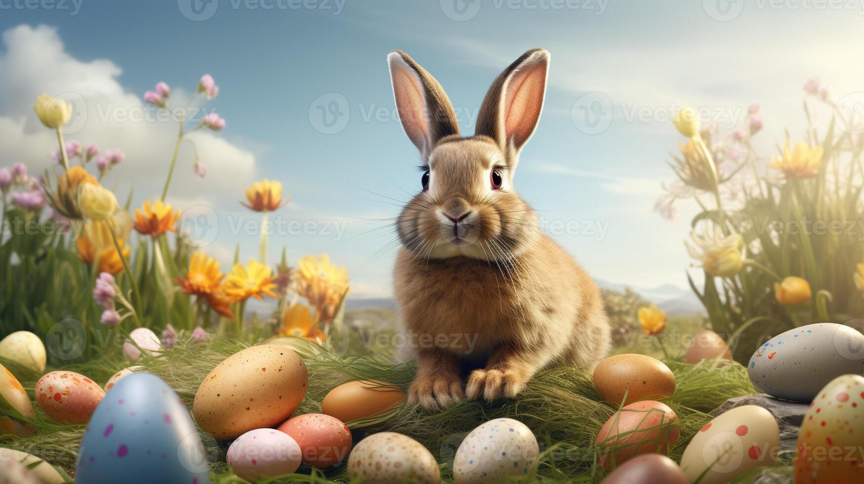 ai gegenereerd Pasen konijn en Pasen eieren in de weide met bloemen. Pasen banier foto realisme stijl.