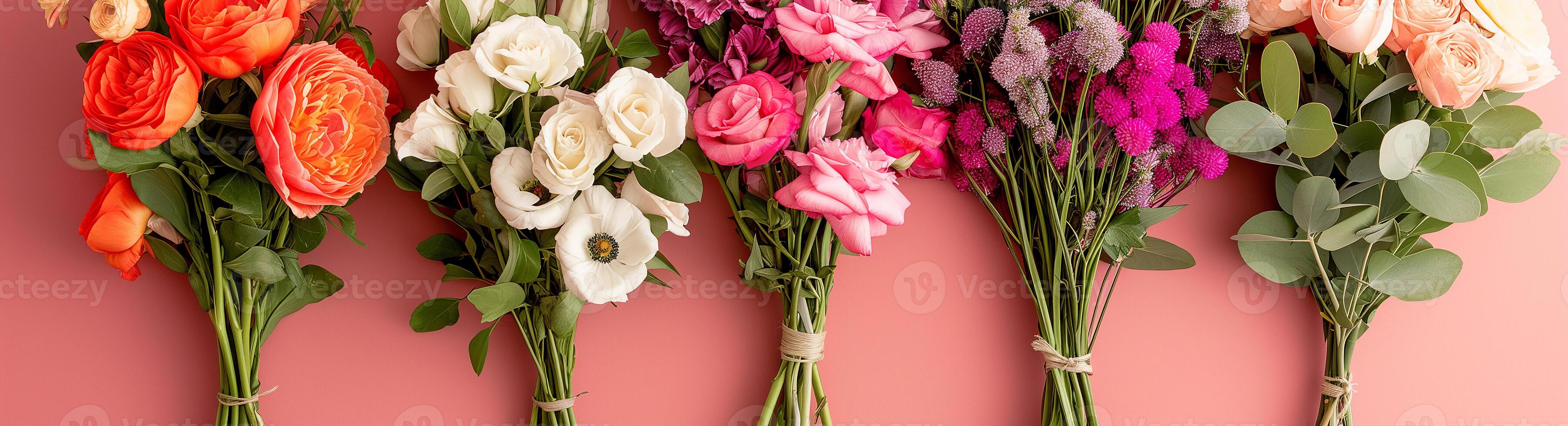 ai gegenereerd bloemen Aan een roze achtergrond. vijf verschillend boeketten. een reeks van boeketten voor een spel sjabloon, psychologie. kleur selectie. foto