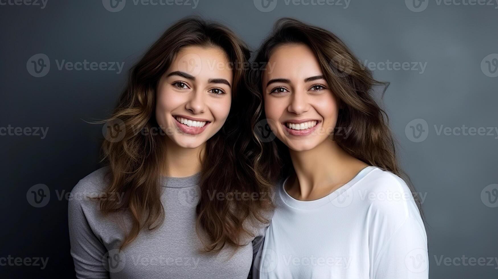 ai gegenereerd zussen met glimlacht en gekruld haar- tegen de donker achtergrond. foto