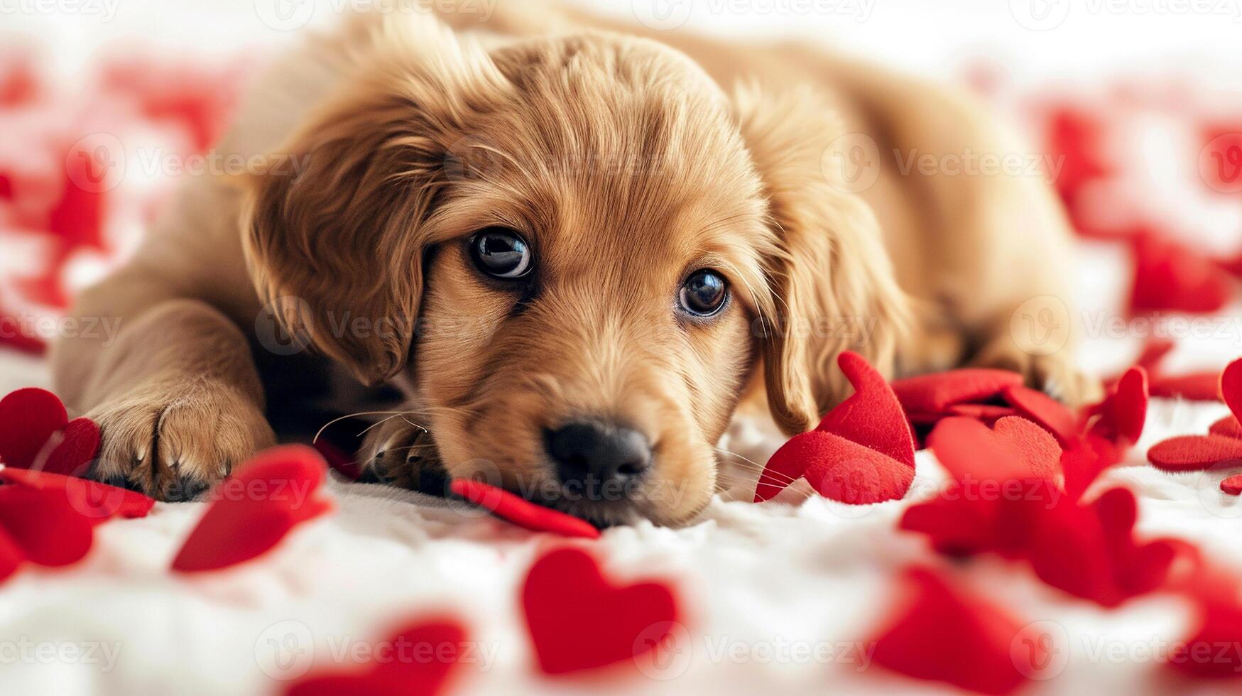 ai gegenereerd puppy temidden van roos bloemblaadjes. charmant puppy aan het liegen temidden van verspreide rood roos bloemblaadjes. de zacht focus en teder verlichting, Valentijn s dag. foto