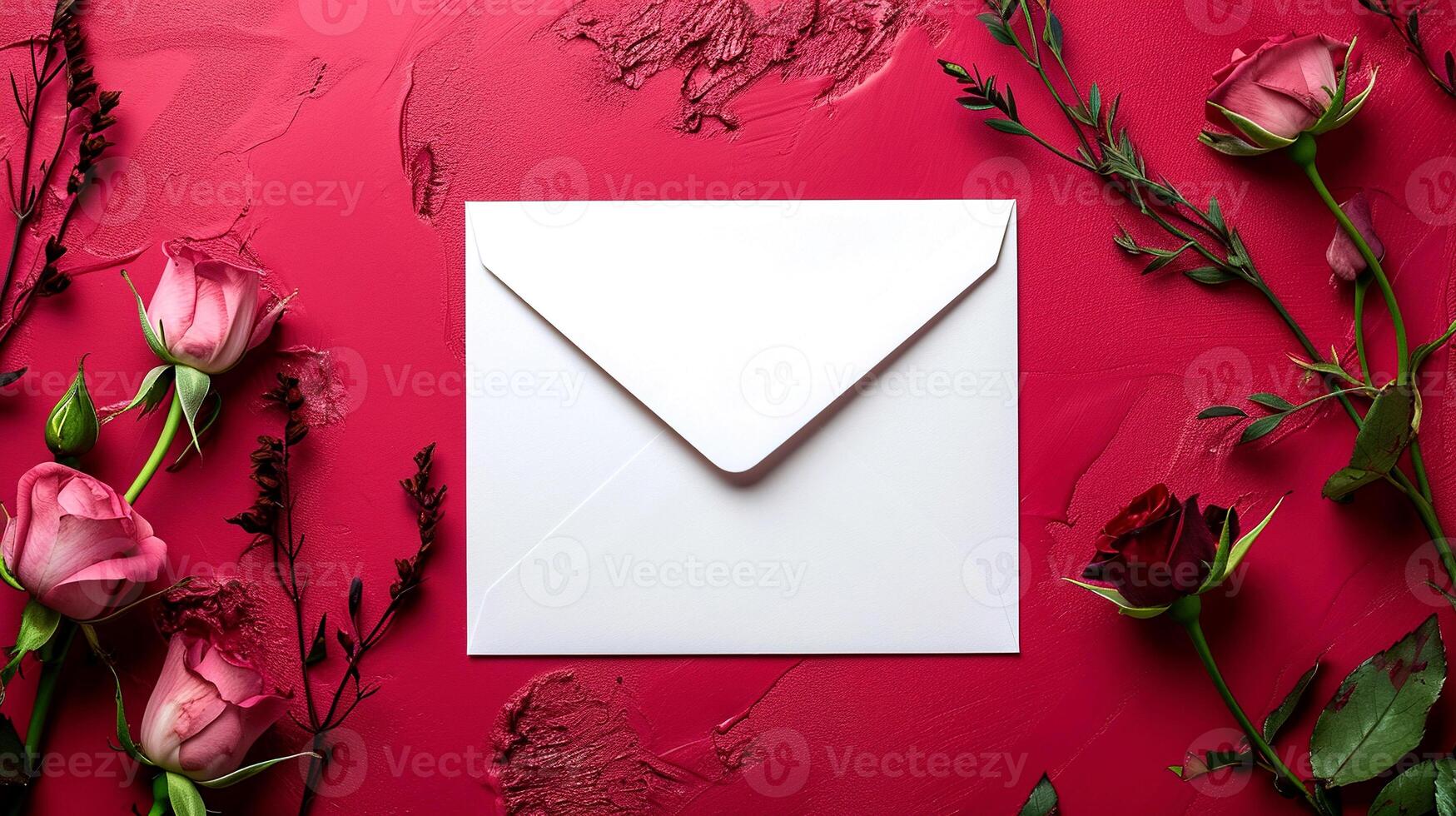 ai gegenereerd schoon wit envelop Aan roze grunge achtergrond met glimmertjes strepen en bloemen. kader van papier envelop in de centrum van de sjabloon, helder roze gips. foto