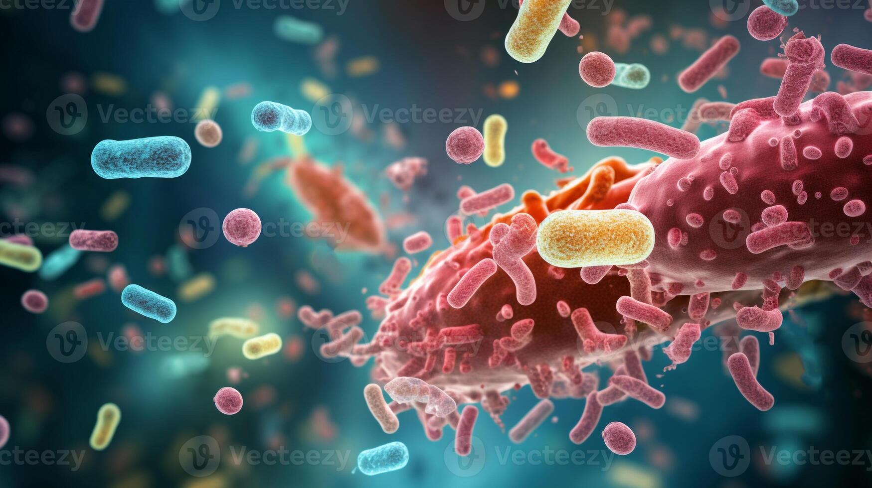 ai gegenereerd de oorzakelijk middel van de ziekte onder een microscoop. 3d illustratie van een gram-negatief staafvormig bacterie met een single polair flagellum. foto