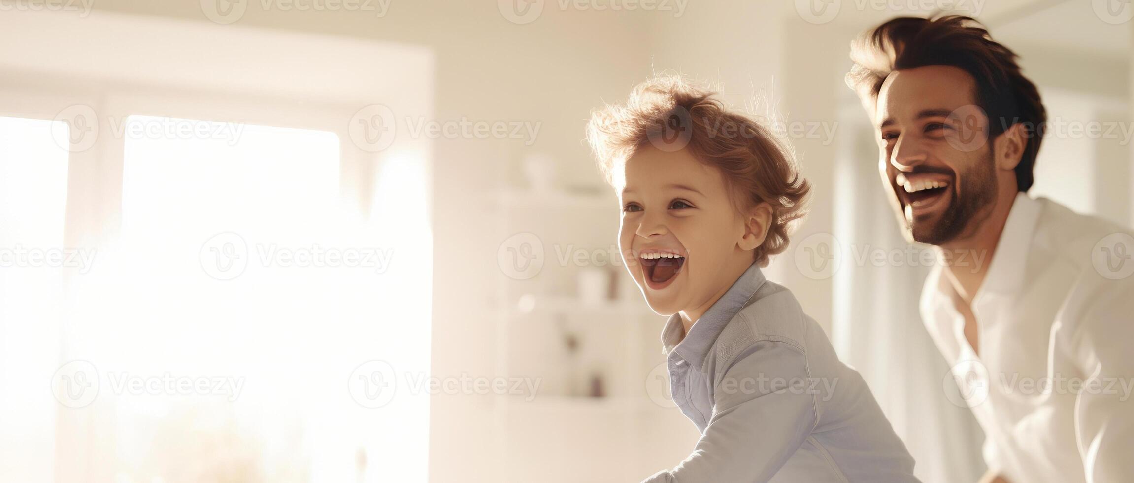 ai gegenereerd gelukkig vader en zoon hebben pret Bij huis, panoramisch spandoek. actief familie weekend. emotioneel, positief Heren, gepassioneerd over de spel. de concept van mannetje emoties. foto