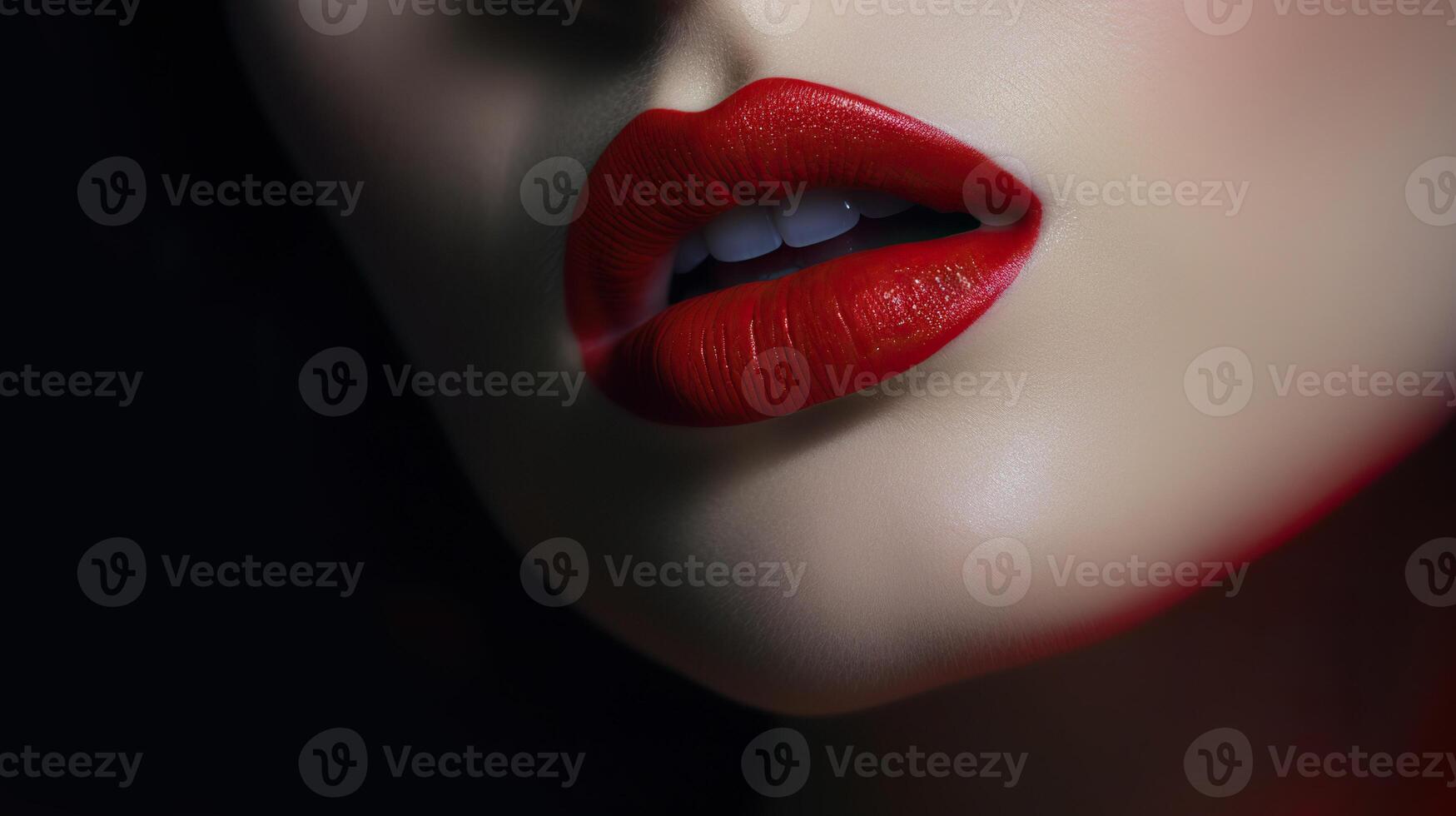 ai gegenereerd mooi vrouw lippen met rood lippenstift. detailopname portret van een mooi jong vrouw met rood lippen. foto