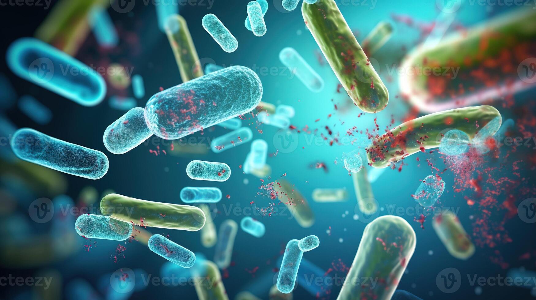 ai gegenereerd escherichia coli in water onder een microscoop. 3d illustratie van gram-negatief staafvormig bacterie met een single polair flagellum. foto