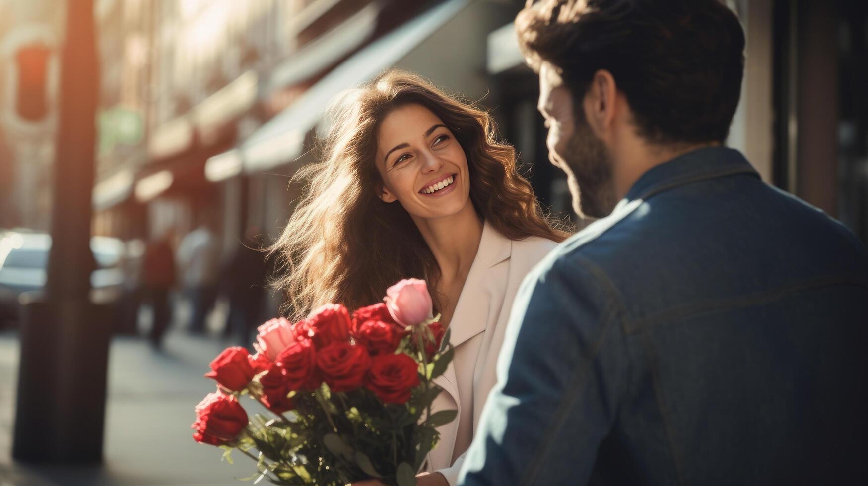 ai gegenereerd glimlachen Mens geeft bloemen naar vrouw Aan Valentijnsdag dag foto