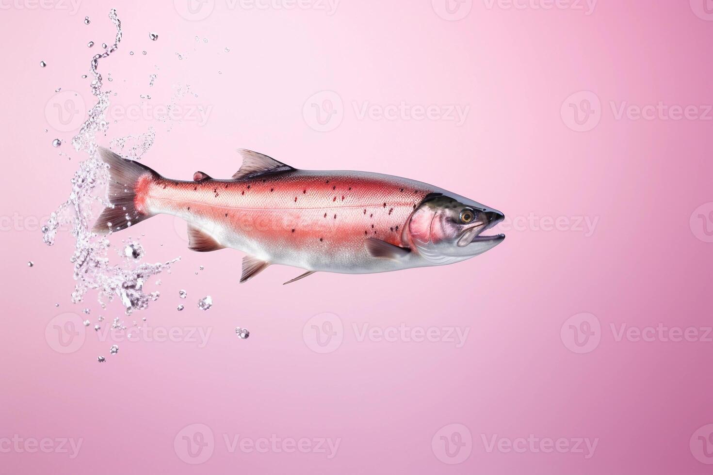 ai gegenereerd Zalm vis en water spatten geïsoleerd Aan roze achtergrond. ai gegenereerd. foto