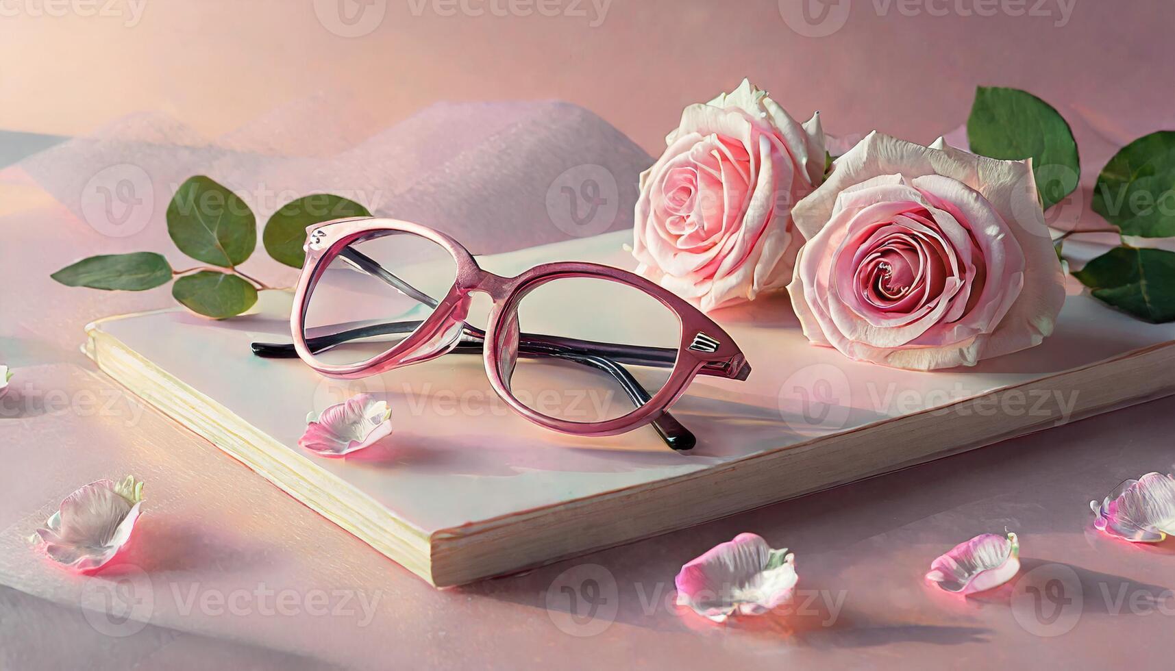 ai gegenereerd roze roos en bril Aan tafel foto