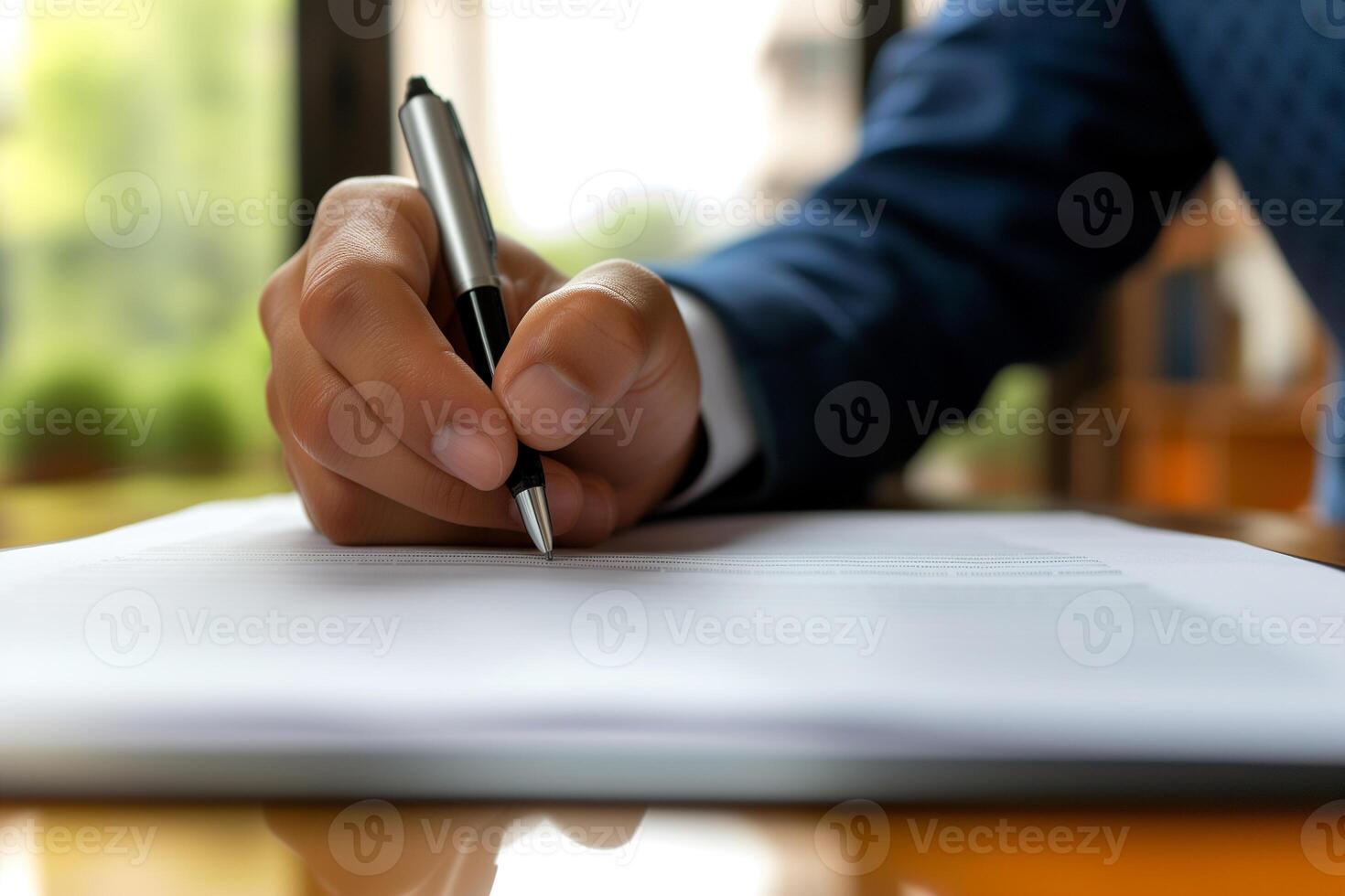 ai gegenereerd zakenman ondertekening belangrijk document - professioneel hand- overeenkomst foto