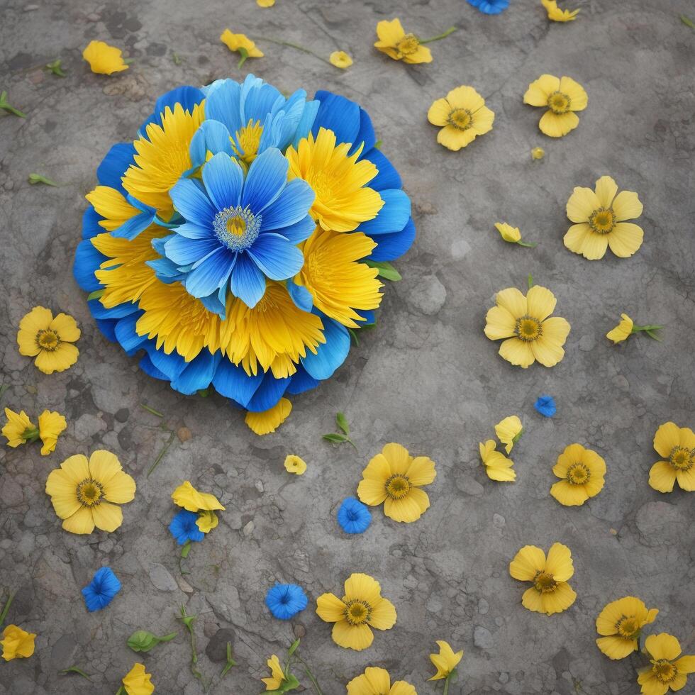 ai gegenereerd geel en blauw petaled bloem beeld ai-gegenereerd foto