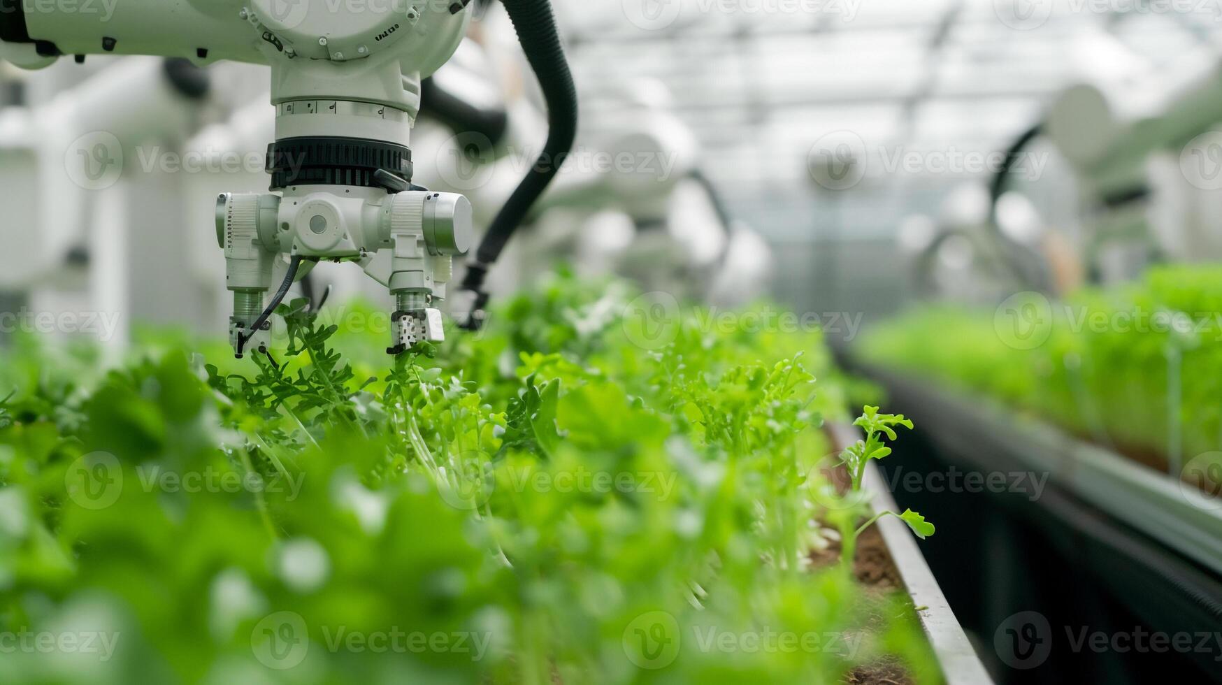 ai gegenereerd toekomst landbouw groente boerderij in kas met slim robot armen , automatisering groente boerderij. foto