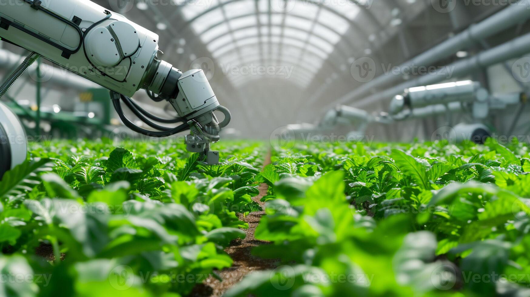 ai gegenereerd toekomst landbouw groente boerderij in kas met slim robot armen , automatisering groente boerderij. foto