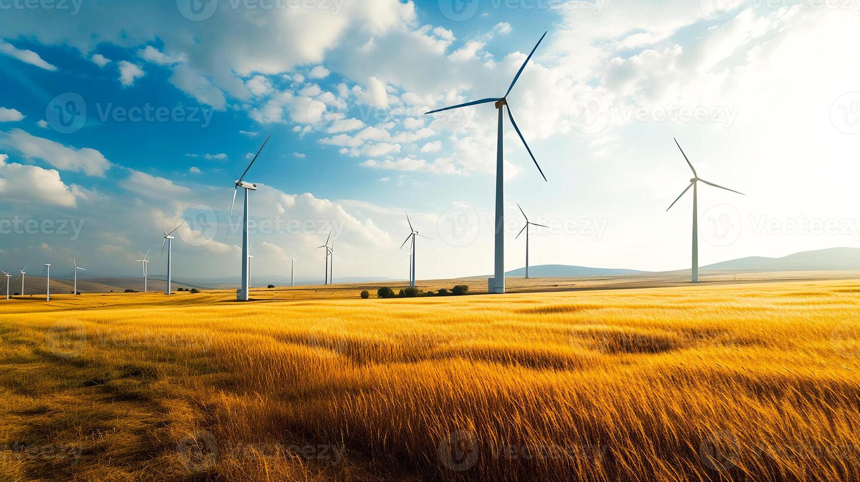 ai gegenereerd wind turbine boerderij Aan top van heuvel met gouden licht , hernieuwbaar energie foto