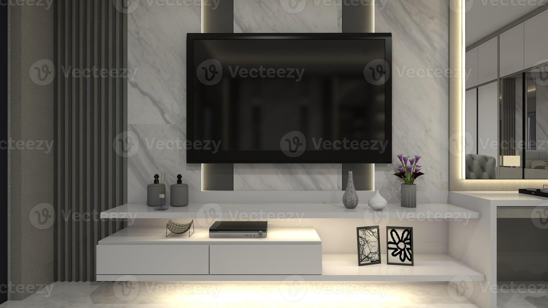 modern en luxe televisie kabinet ontwerp met minimalistische tafel en muur paneel decoratie, 3d illustratie foto