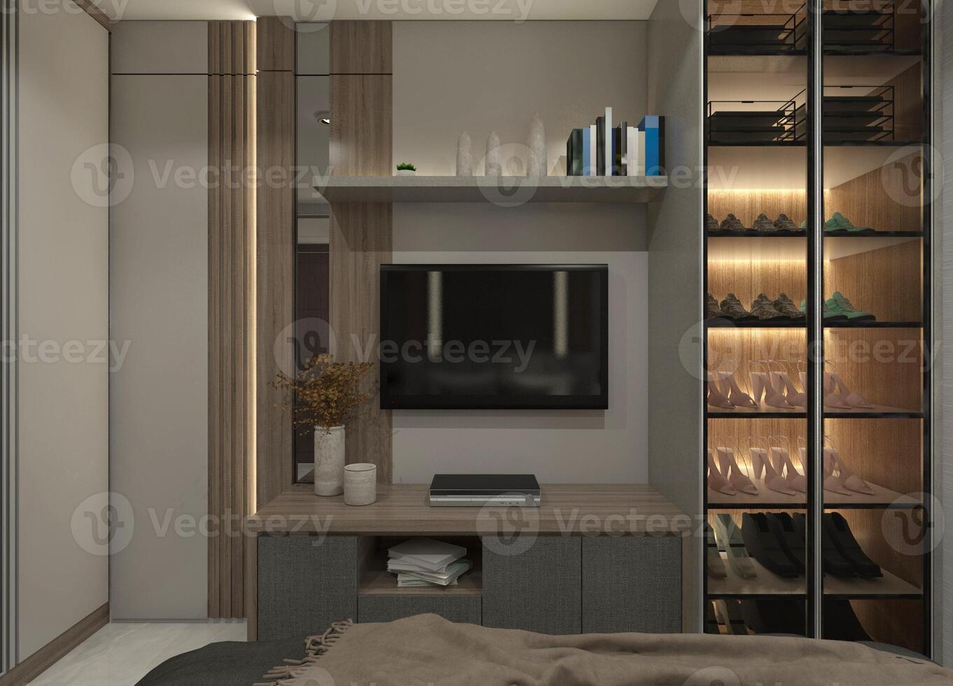 modern TV kabinet ontwerp en houten garderobe kastje, 3d illustratie foto