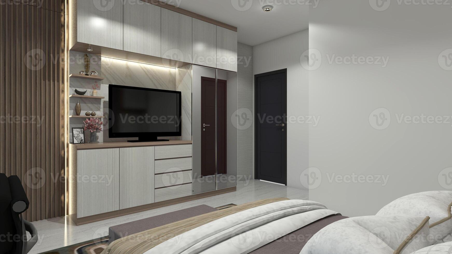 minimalistische houten TV kabinet ontwerp met garderobe kabinet en achtergrond decoratie, 3d illustratie foto