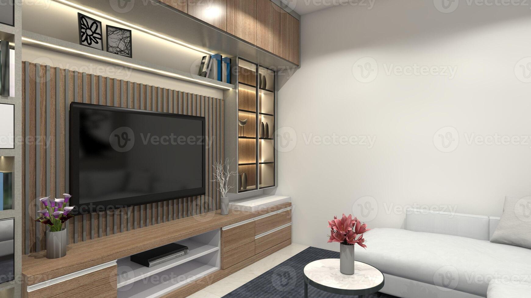 modern televisie kabinet met houten inrichting, 3d illustratie foto