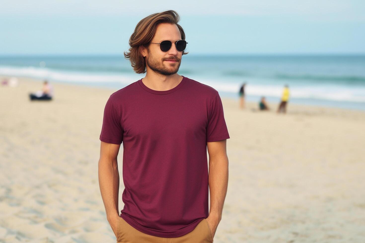 ai gegenereerd bordeaux rood klassiek ronde hals t-shirt mockup met model- foto