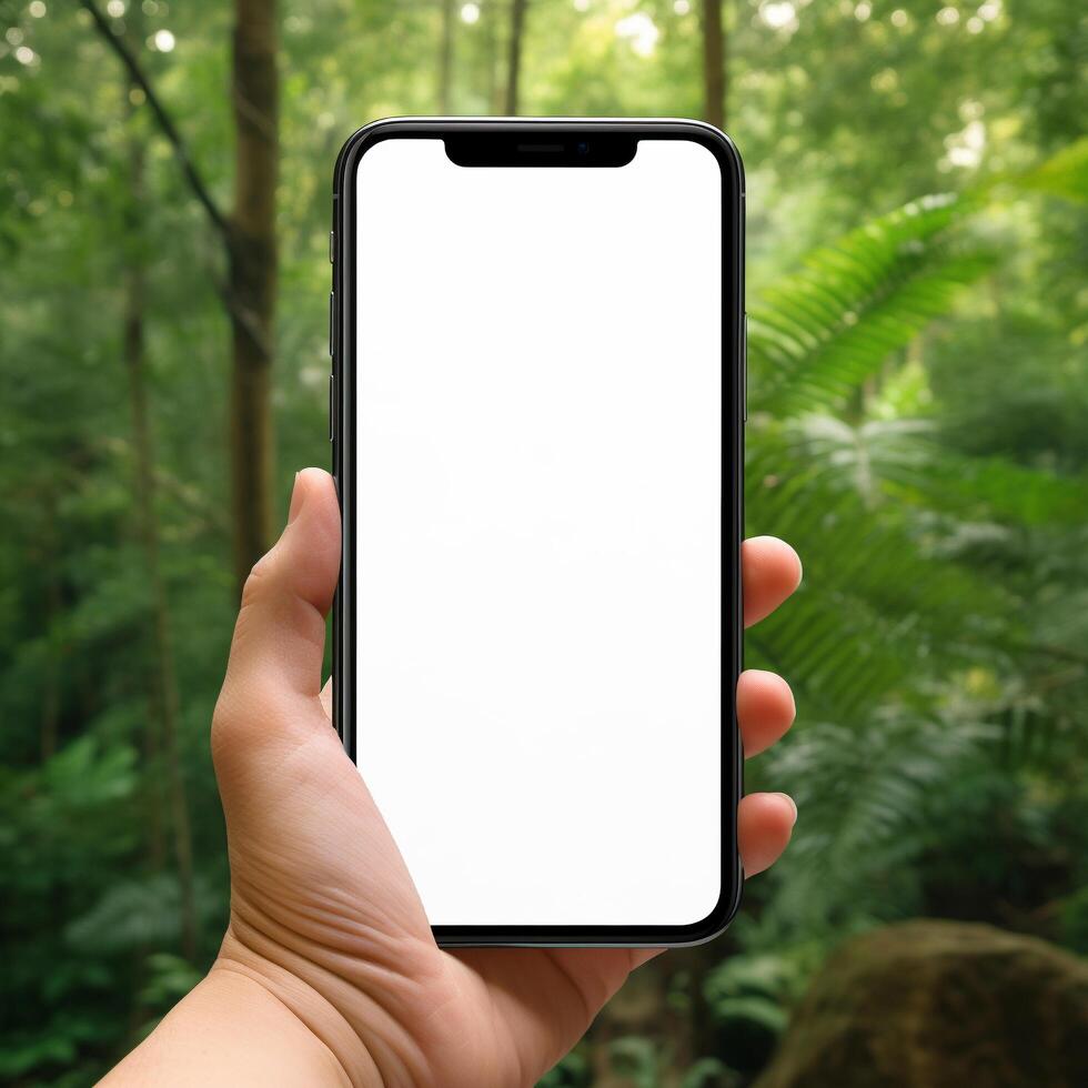 ai gegenereerd blanco mockup telefoon gehouden in een hand- met een weelderig groener foto